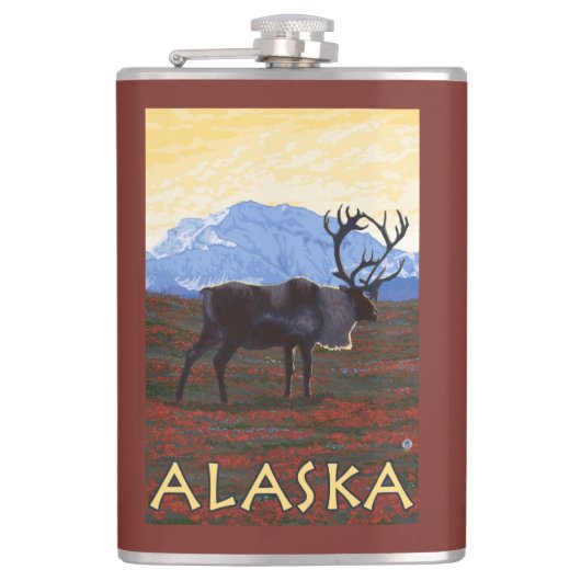 AlaskaCaribouのヴィンテージ旅行ポスター フラスク (正面)