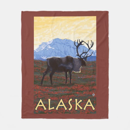 AlaskaCaribouのヴィンテージ旅行ポスター フリースブランケット (正面)