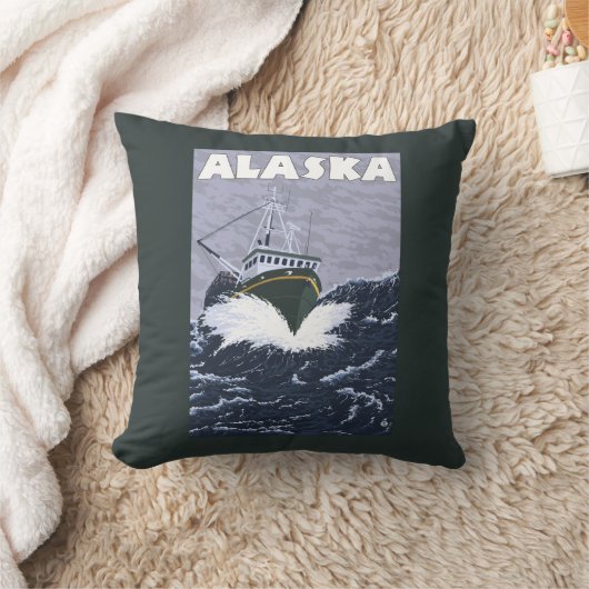AlaskaCrabのボートのヴィンテージ旅行ポスター クッション (ブランケット)