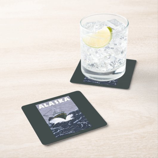 AlaskaCrabのボートのヴィンテージ旅行ポスター スクエアペーパーコースター (インサイチュ)