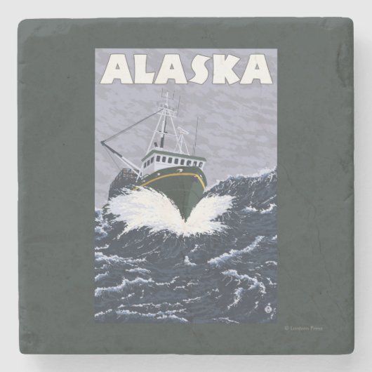 AlaskaCrabのボートのヴィンテージ旅行ポスター ストーンコースター (正面)