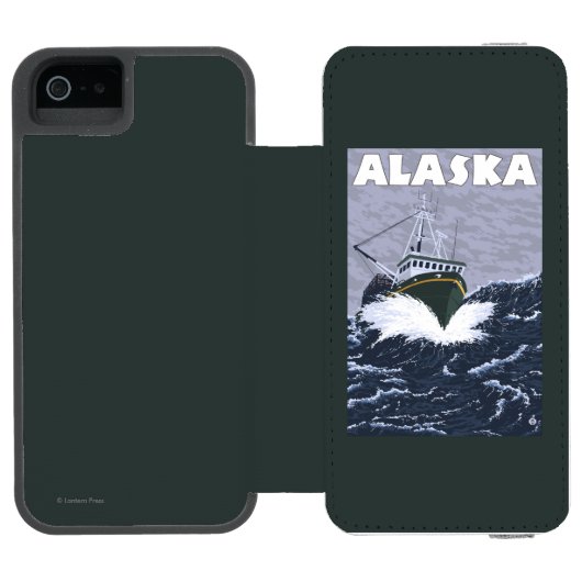 AlaskaCrabのボートのヴィンテージ旅行ポスター Incipio iPhoneウォレットケース (フォリオオープン)