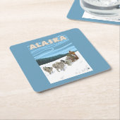 AlaskaDogsleddingのヴィンテージ旅行ポスター スクエアペーパーコースター (アングル)