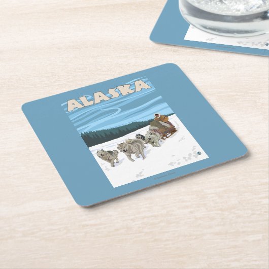AlaskaDogsleddingのヴィンテージ旅行ポスター スクエアペーパーコースター (アングル)