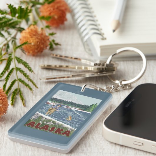 AlaskaFlyの漁師のヴィンテージ旅行ポスター キーホルダー (正面右)