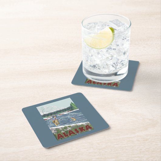 AlaskaFlyの漁師のヴィンテージ旅行ポスター スクエアペーパーコースター (インサイチュ)