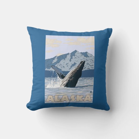 AlaskaHumpbackのクジラのヴィンテージ旅行ポスター クッション (正面)