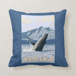 AlaskaHumpbackのクジラのヴィンテージ旅行ポスター クッション