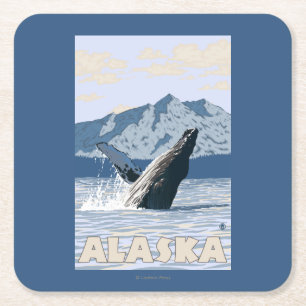 AlaskaHumpbackのクジラのヴィンテージ旅行ポスター スクエアペーパーコースター