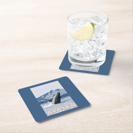 AlaskaHumpbackのクジラのヴィンテージ旅行ポスター スクエアペーパーコースター (インサイチュ)