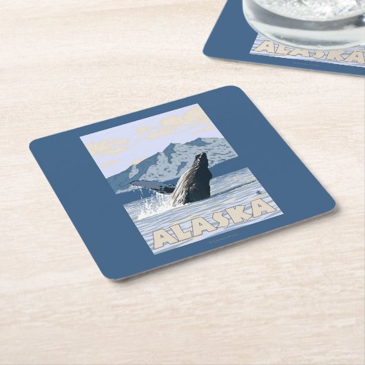 AlaskaHumpbackのクジラのヴィンテージ旅行ポスター スクエアペーパーコースター (アングル)