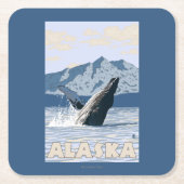 AlaskaHumpbackのクジラのヴィンテージ旅行ポスター スクエアペーパーコースター (正面)