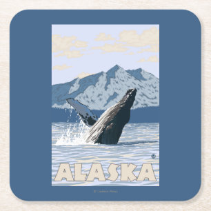 AlaskaHumpbackのクジラのヴィンテージ旅行ポスター スクエアペーパーコースター