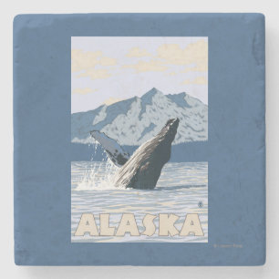 AlaskaHumpbackのクジラのヴィンテージ旅行ポスター ストーンコースター