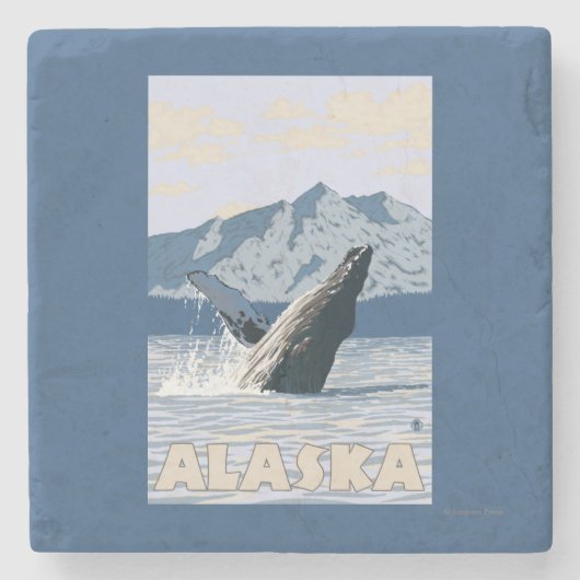 AlaskaHumpbackのクジラのヴィンテージ旅行ポスター ストーンコースター (正面)