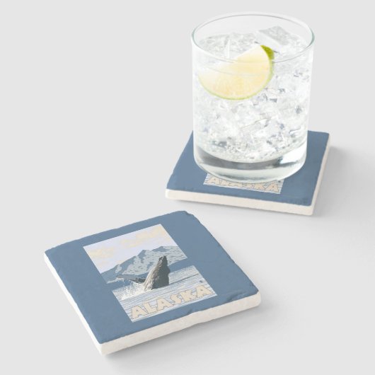 AlaskaHumpbackのクジラのヴィンテージ旅行ポスター ストーンコースター (横)