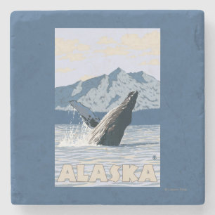 AlaskaHumpbackのクジラのヴィンテージ旅行ポスター ストーンコースター