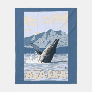 AlaskaHumpbackのクジラのヴィンテージ旅行ポスター フリースブランケット