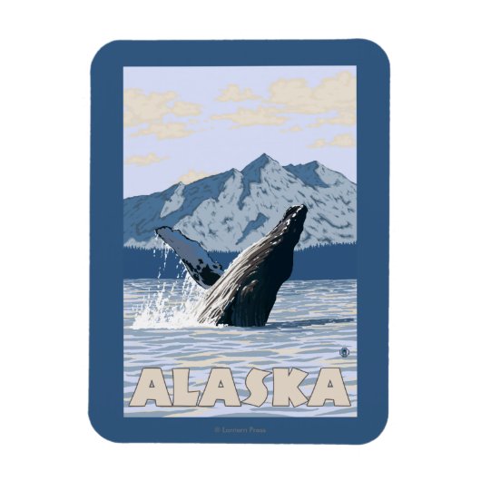AlaskaHumpbackホエールヴィンテージ旅行ポスター マグネット (縦)