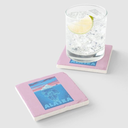 AlaskaIcebergのヴィンテージ旅行ポスター ストーンコースター (横)