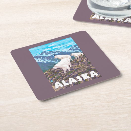 AlaskaMountainのヤギのヴィンテージ旅行ポスター スクエアペーパーコースター (アングル)