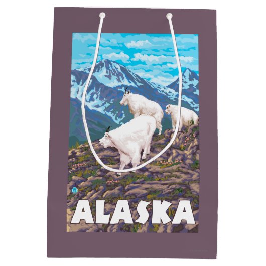 AlaskaMountainのヤギのヴィンテージ旅行ポスター ミディアムペーパーバッグ (裏面)