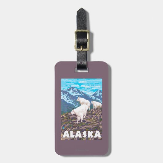 AlaskaMountainのヤギのヴィンテージ旅行ポスター ラゲッジタグ (正面縦)