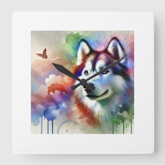 Alaskan Husky 300924AREF103 - Watercolor スクエア壁時計 (正面)