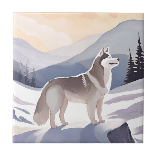 Alaskan Husky | Dog Mountain Watercolor タイル (正面)