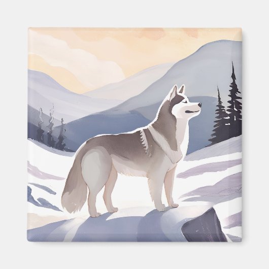 Alaskan Husky | Dog Mountain Watercolor マグネット (正面)