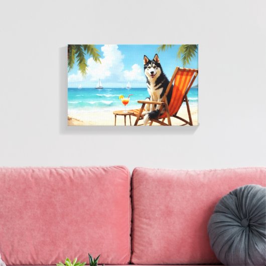 Alaskan Malamute Beach Scene キャンバスプリント (インサイチュ (リビング))