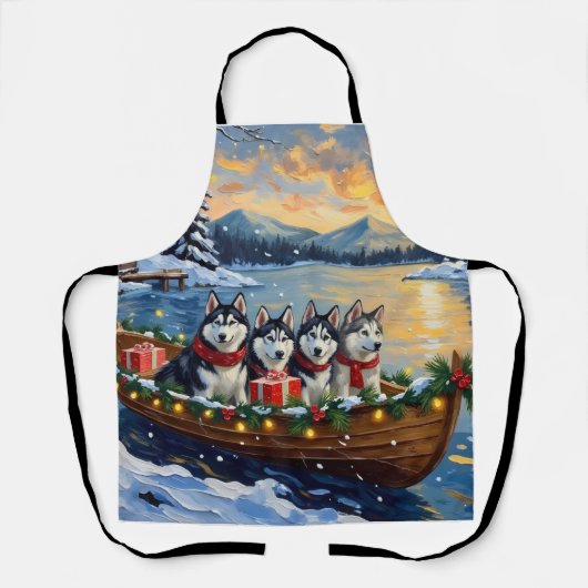 Alaskan Malamute Christmas Boat Holiday エプロン (正面)