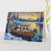 Alaskan Malamute Christmas Boat Holiday カード (黄色い花)