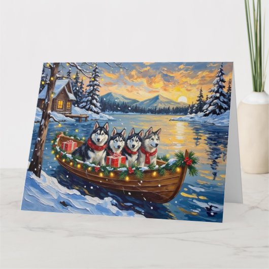 Alaskan Malamute Christmas Boat Holiday カード (正面)