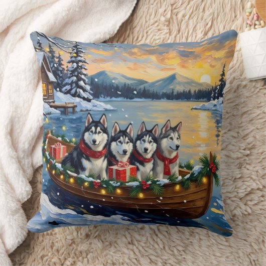 Alaskan Malamute Christmas Boat Holiday クッション (ブランケット)