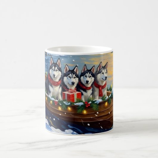 Alaskan Malamute Christmas Boat Holiday コーヒーマグカップ (中央)