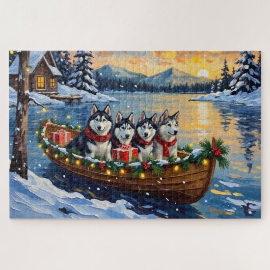 Alaskan Malamute Christmas Boat Holiday ジグソーパズル (横)
