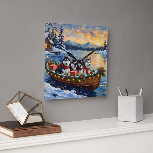 Alaskan Malamute Christmas Boat Holiday スクエア壁時計 (オフィス)