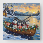 Alaskan Malamute Christmas Boat Holiday スクエア壁時計 (正面)