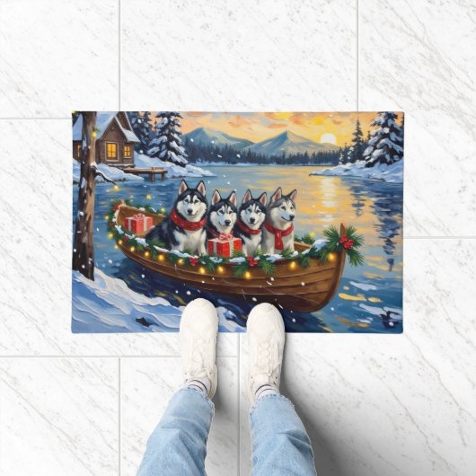 Alaskan Malamute Christmas Boat Holiday ドアマット (室内)