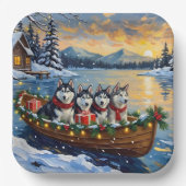Alaskan Malamute Christmas Boat Holiday ペーパープレート (正面)