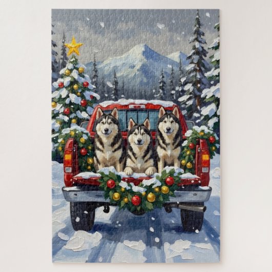 Alaskan Malamute Christmas Red Truck Holiday ジグソーパズル (縦)