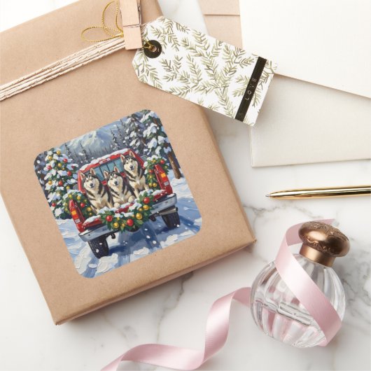 Alaskan Malamute Christmas Red Truck Holiday スクエアシール (ギフト)