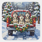 Alaskan Malamute Christmas Red Truck Holiday スクエアシール (正面)