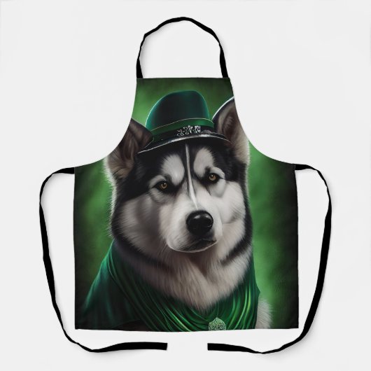 Alaskan Malamute dog in St. Patrick's Day Dress エプロン (正面)