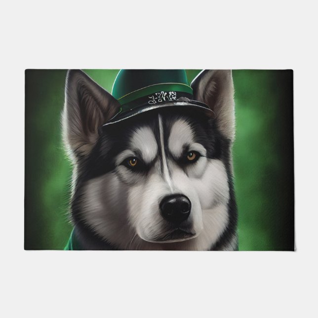 Alaskan Malamute dog in St. Patrick's Day Dress ドアマット (正面)