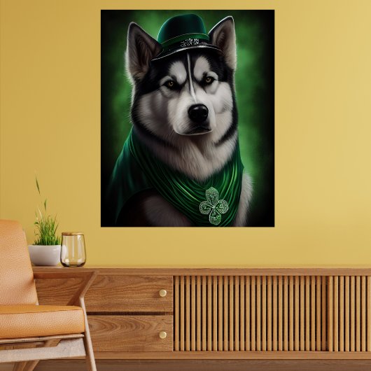 Alaskan Malamute dog in St. Patrick's Day Dress ポスター (リビング2)