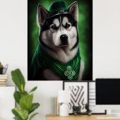 Alaskan Malamute dog in St. Patrick's Day Dress ポスター (ホームオフィス)