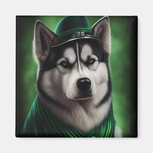 Alaskan Malamute dog in St. Patrick's Day Dress マグネット (正面)