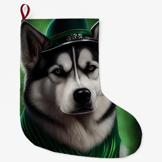 Alaskan Malamute dog in St. Patrick's Day Dress ラージクリスマスストッキング (正面)